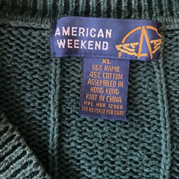 Vintage American Weekend Unisex Green V-Neck Cotton Knit Sweater XL - Picture 5 of 7